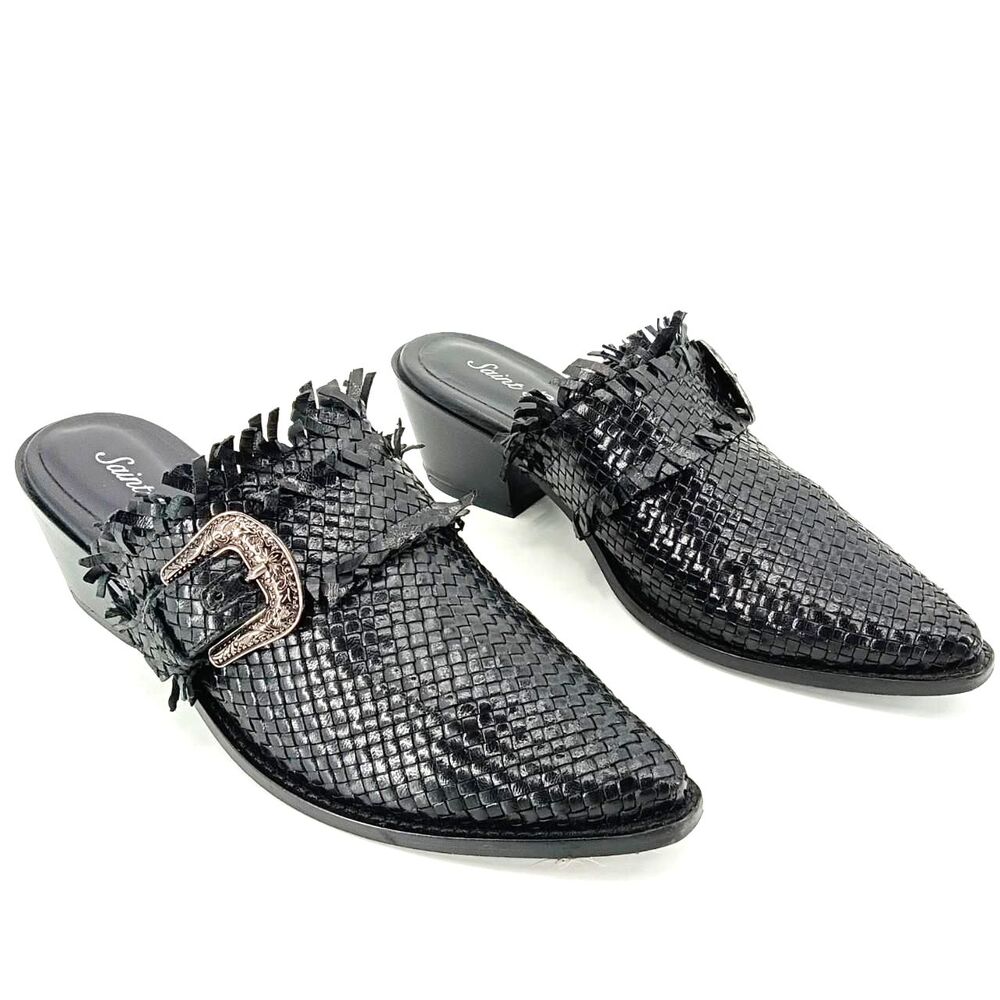 Saint G Black Woven Fringe Mules Western Boho Buckle Pointed Toe 9